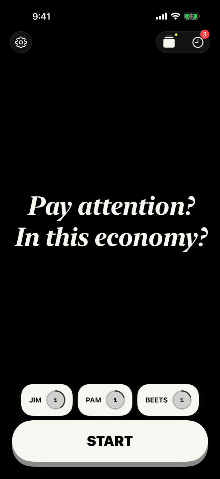 DRFT home screen on iPhone: 'Pay attention? In this economy?' with wake words Jim, Pam, and Beets